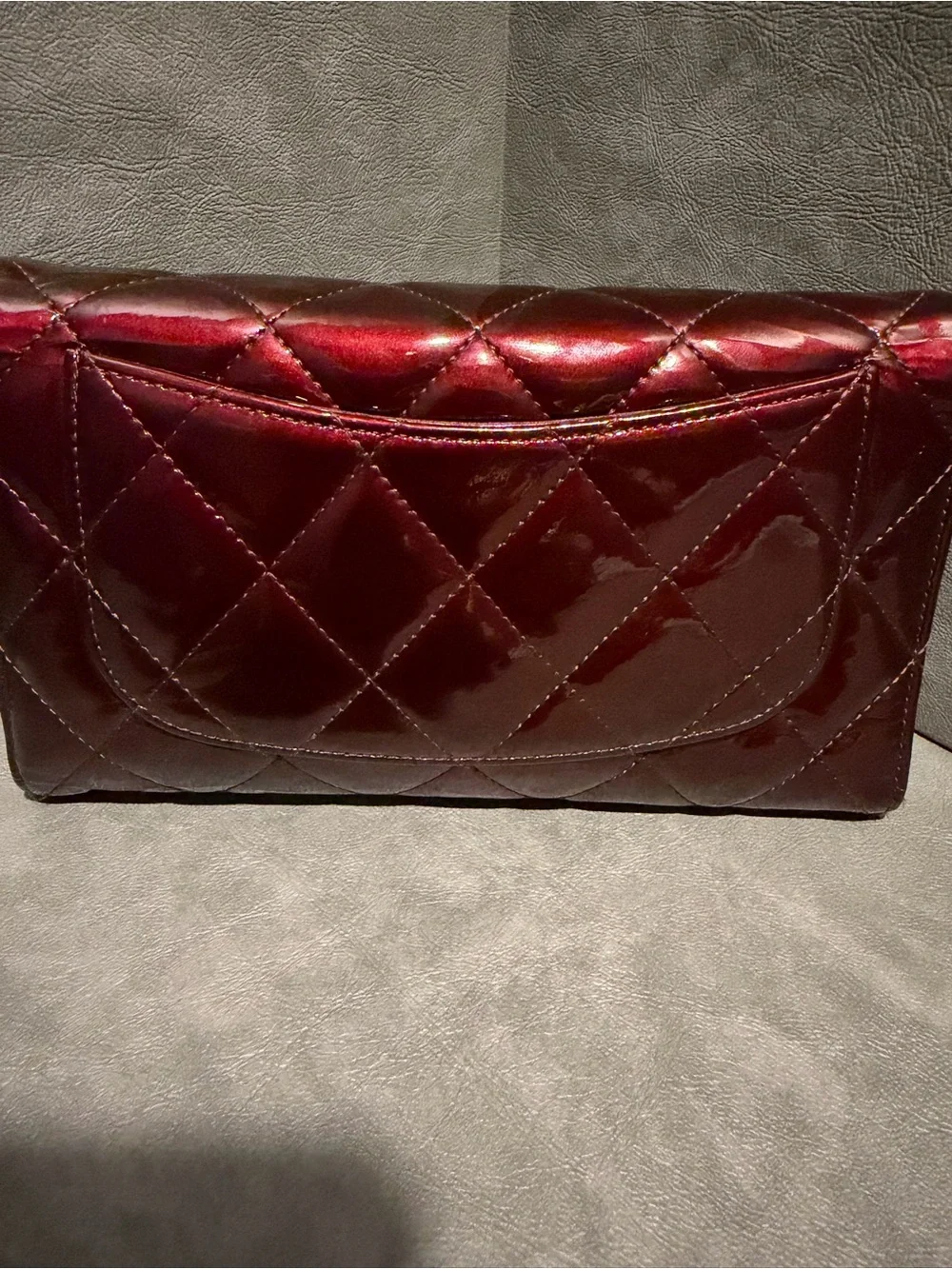 CHANEL Wine Red Medium Flap Patent Wallet Hologram w/ Chain and Authent Cert